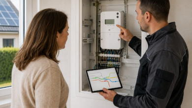 Elektriker erklärt einer Hausbesitzerin die Funktion eines saldierenden Zählers [Bildinhalt mit KI erstellt]