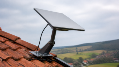Flache Satelliteninternet-Antenne auf einer Halterung am Dach eines ländlichen Wohnhauses. [Bildinhalt mit KI erstellt]