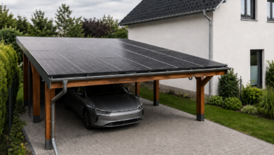 Wohnhaus mit einem Carport aus Holz und Photovoltaikdach [Bildinhalt mit KI erstellt]