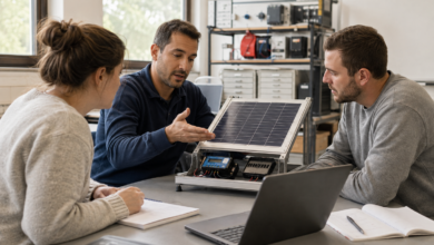 Kleine Lerngruppe bespricht ein Solarmodul in einem technischen Schulungsraum. [Bildinhalt mit KI erstellt]