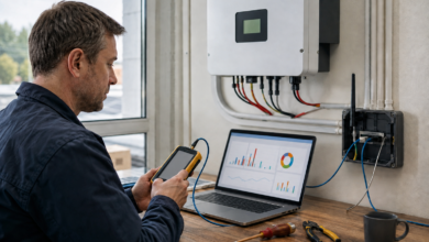 Techniker diagnostiziert eine Störung im Solar-Monitoring [Bildinhalt mit KI erstellt]