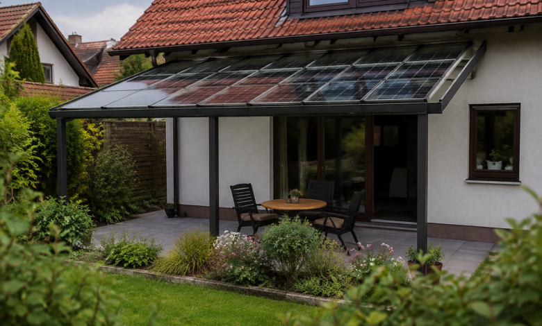 Solar-Terrassendach an einem Wohnhaus [Bildinhalt mit KI erstellt]