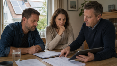 Hausbesitzer prüfen mit einem unabhängigen Berater Unterlagen eines Solaranbieters [Bildinhalt mit KI erstellt]