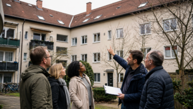 Wohnungseigentümer beraten mit einem Solarplaner über eine gemeinsame Photovoltaikanlage [Bildinhalt mit KI erstellt]