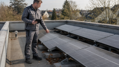 Fachkraft prüft Photovoltaikmodule auf einem Flachdach mit umlaufender Brüstung [Bildinhalt mit KI erstellt]