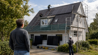 Hausbesitzer beobachtet eine gesicherte Photovoltaik-Montage mit Gerüst und vorbereiteten Modulen [Bildinhalt mit KI erstellt]