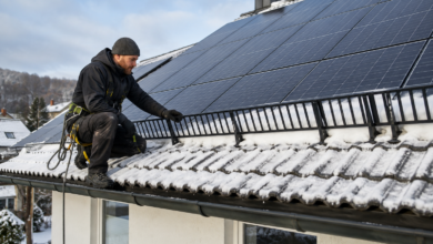 Gesicherter Dachdecker prüft ein Schneefanggitter unter einer verschneiten Photovoltaikanlage [Bildinhalt mit KI erstellt]