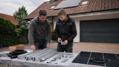 Hausbesitzer und Solarfachkraft sortieren Schienen, Dachhaken und Module vor der Montage [Bildinhalt mit KI erstellt]