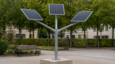 Baumähnliches Stahlgestell mit mehreren kleinen Photovoltaikflächen auf einem ruhigen Platz. [Bildinhalt mit KI erstellt]