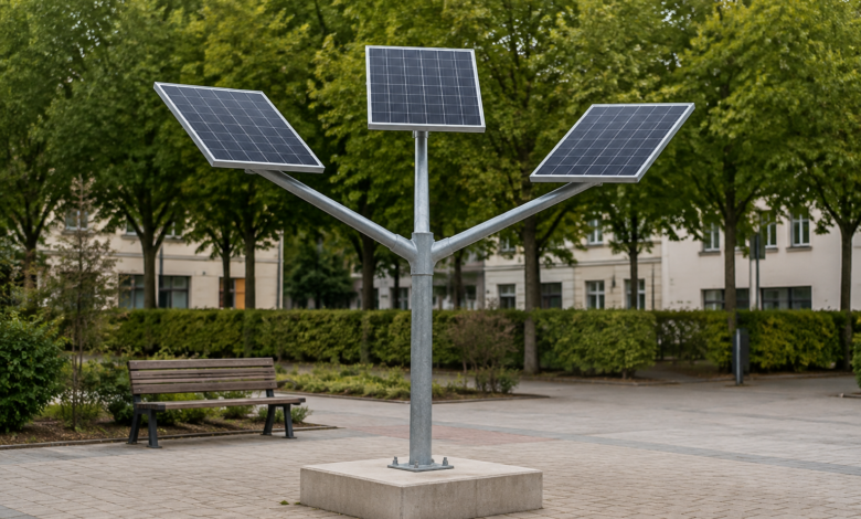 Baumähnliches Stahlgestell mit mehreren kleinen Photovoltaikflächen auf einem ruhigen Platz. [Bildinhalt mit KI erstellt]