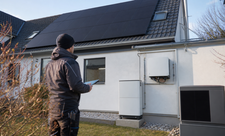 Solartechniker prüft moderne Photovoltaikmodule, Speicher und Energiemanagement an einem Wohnhaus [Bildinhalt mit KI erstellt]