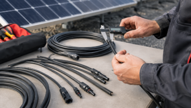 Elektriker misst den Querschnitt verschiedener Solarkabel [Bildinhalt mit KI erstellt]