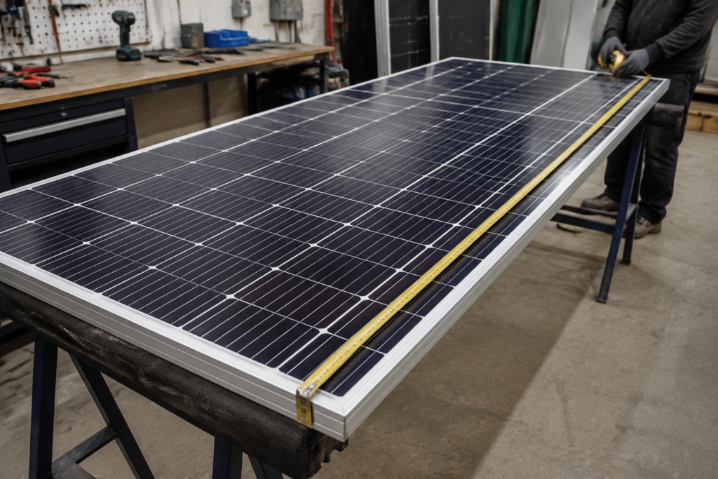 Maßband an der Längskante eines Solarmoduls auf gepolsterten Werkstattböcken. [Bildinhalt mit KI erstellt]