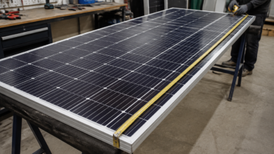 Maßband an der Längskante eines Solarmoduls auf gepolsterten Werkstattböcken. [Bildinhalt mit KI erstellt]
