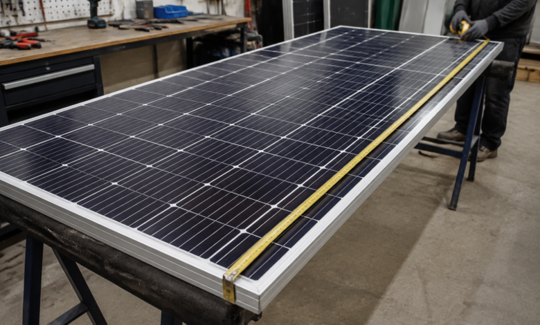 Maßband an der Längskante eines Solarmoduls auf gepolsterten Werkstattböcken. [Bildinhalt mit KI erstellt]