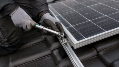 Installateur zieht die Endklemme eines Solarmoduls mit einem Drehmomentschlüssel fest [Bildinhalt mit KI erstellt]