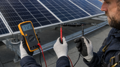 Solarinstallateur misst die Leerlaufspannung eines getrennten Modulstrangs [Bildinhalt mit KI erstellt]