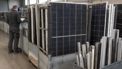 Gebrauchte Photovoltaikmodule stehen getrennt und gesichert in einem Recyclingbetrieb [Bildinhalt mit KI erstellt]