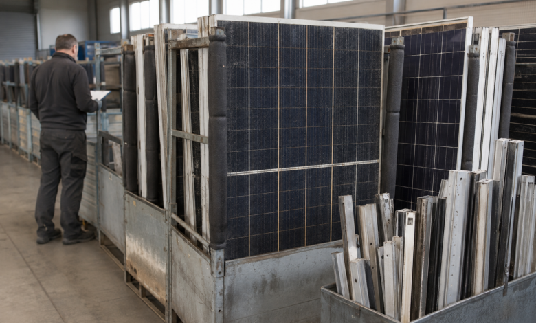 Gebrauchte Photovoltaikmodule stehen getrennt und gesichert in einem Recyclingbetrieb [Bildinhalt mit KI erstellt]