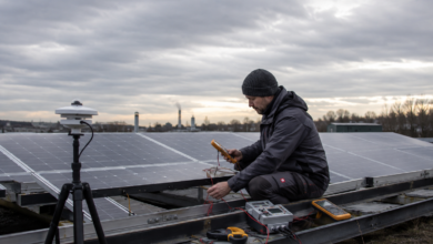 Solartechniker misst das Schwachlichtverhalten von Photovoltaikmodulen bei bedecktem Himmel [Bildinhalt mit KI erstellt]