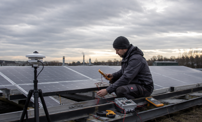Solartechniker misst das Schwachlichtverhalten von Photovoltaikmodulen bei bedecktem Himmel [Bildinhalt mit KI erstellt]