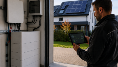 Techniker prüft das Zusammenspiel von Solarmodulen, Wechselrichter und Speicher [Bildinhalt mit KI erstellt]