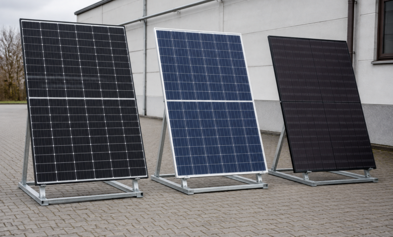 Mehrere Photovoltaikmodule mit unterschiedlichen Zellmustern stehen auf Prüfracks [Bildinhalt mit KI erstellt]