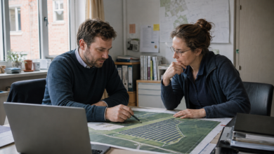 Zwei Fachleute besprechen einen Lageplan für ein Solarprojekt an einem Bürotisch. [Bildinhalt mit KI erstellt]