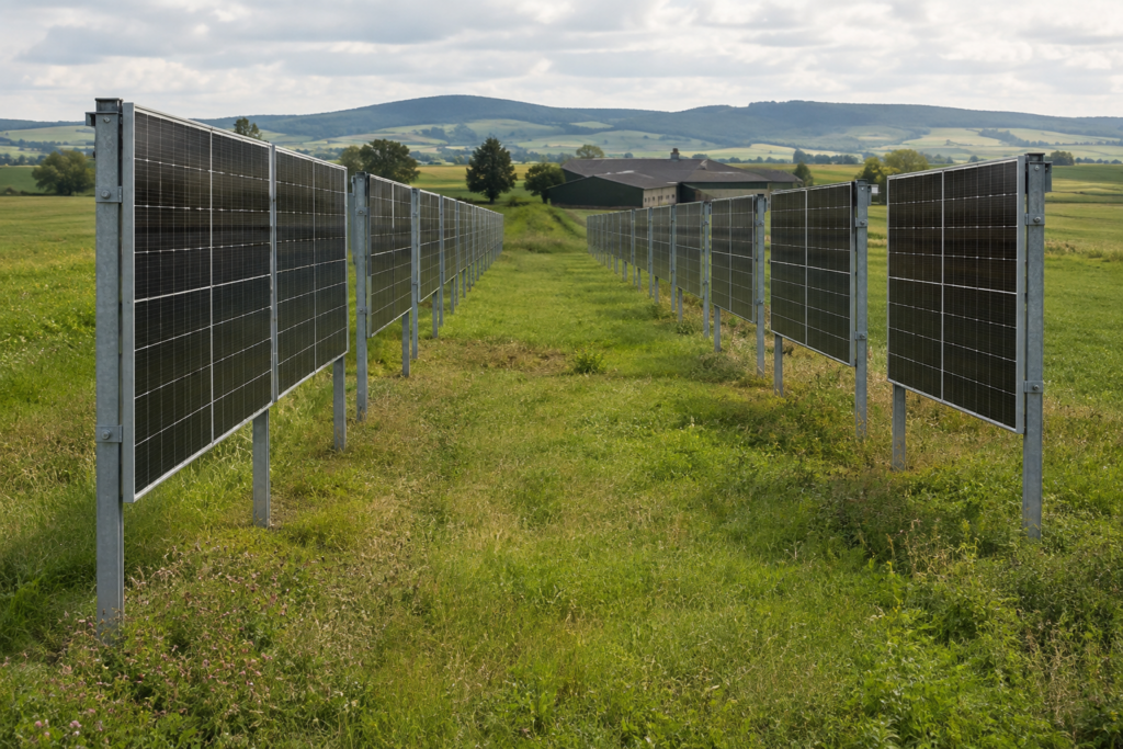 Vertikale Photovoltaikreihen mit breiten begrünten Streifen in einer Agrarlandschaft. [Bildinhalt mit KI erstellt]
