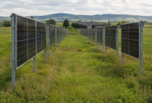 Vertikale Photovoltaikreihen mit breiten begrünten Streifen in einer Agrarlandschaft. [Bildinhalt mit KI erstellt]