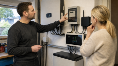 Fachberater erklärt einer Hausbesitzerin steuerbare Einspeisung, Stromzähler und Speicher einer PV-Anlage [Bildinhalt mit KI erstellt]