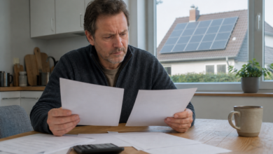 Hausbesitzer prüft Unterlagen zu steigenden Kosten seiner Solaranlage [Bildinhalt mit KI erstellt]