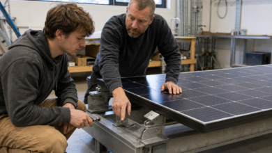Ausbilder und Auszubildende üben an einer niedrigen Montagehalterung für Solarmodule. [Bildinhalt mit KI erstellt]