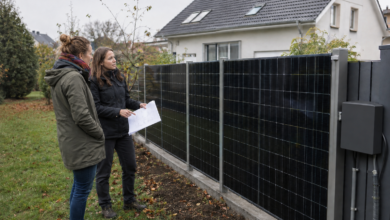 Hauseigentümerin und Fachplaner prüfen einen senkrechten Solarzaun am Grundstück. KI-Symbolbild. [Bildinhalt mit KI erstellt]