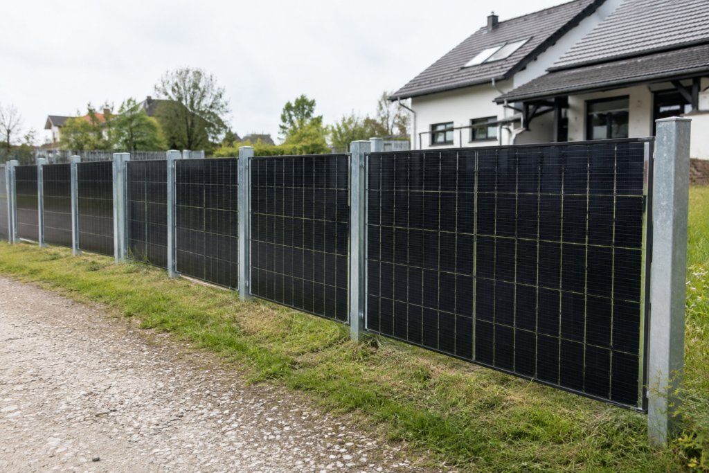 Senkrechte Photovoltaikmodule bilden einen Gartenzaun zwischen Metallpfosten – Symbolbild, mit KI erstellt [Bildinhalt mit KI erstellt]