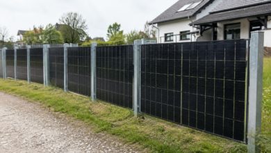 Senkrechte Photovoltaikmodule bilden einen geraden Gartenzaun zwischen Metallpfosten [Bildinhalt mit KI erstellt]