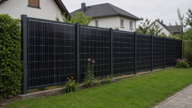 Allgemeiner Solarzaun an einem Garten; keine Darstellung des Sunbooster-Produkts. KI-Symbolbild. [Bildinhalt mit KI erstellt]