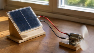 Kleine Solarzelle mit angeschlossenem Miniaturmotor in einem einfachen Demonstrationsaufbau. [Bildinhalt mit KI erstellt]