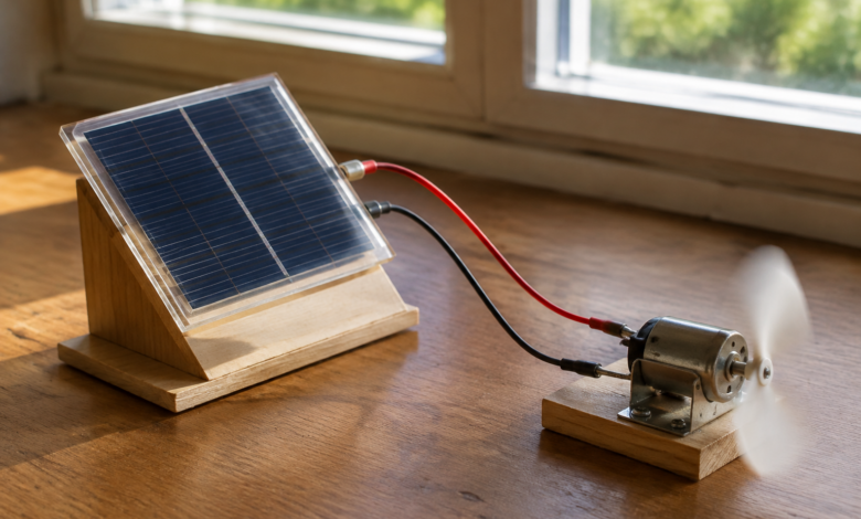 Kleine Solarzelle mit angeschlossenem Miniaturmotor in einem einfachen Demonstrationsaufbau. [Bildinhalt mit KI erstellt]