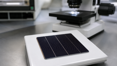 Solarzellenprobe mit feinen Metallkontakten auf einem Labortisch neben einem Mikroskop [Bildinhalt mit KI erstellt]