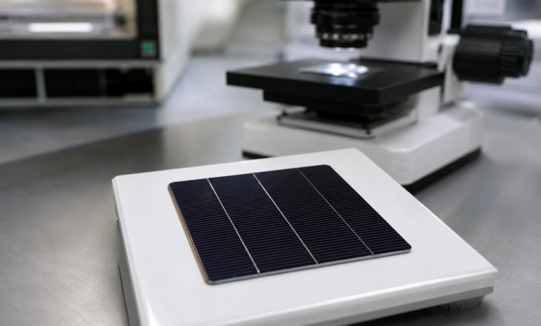 Solarzellenprobe mit feinen Metallkontakten auf einem Labortisch neben einem Mikroskop [Bildinhalt mit KI erstellt]