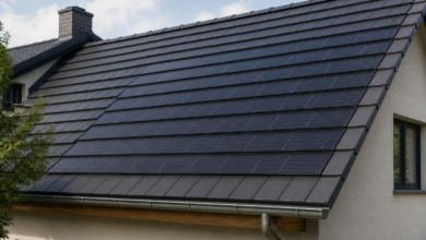 Dunkle Photovoltaik-Dachziegel gehen bündig in die übrige Dacheindeckung über. [Bildinhalt mit KI erstellt]