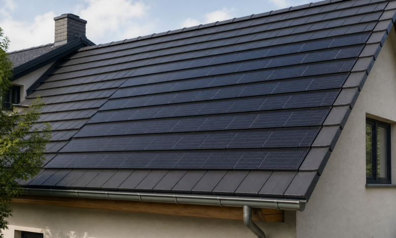 Dunkle Photovoltaik-Dachziegel gehen bündig in die übrige Dacheindeckung über. [Bildinhalt mit KI erstellt]