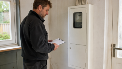 Elektrofachkraft mit Unterlagen neben einem geschlossenen Zählerschrank. [Bildinhalt mit KI erstellt]