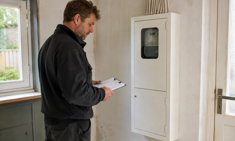 Elektrofachkraft mit Unterlagen neben einem geschlossenen Zählerschrank. [Bildinhalt mit KI erstellt]