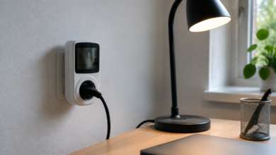 Steckdosen-Messgerät an einer Wandsteckdose neben einer eingeschalteten Tischlampe. [Bildinhalt mit KI erstellt]