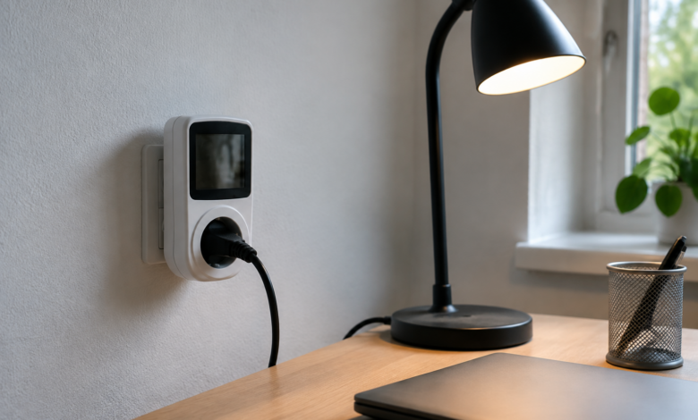 Steckdosen-Messgerät an einer Wandsteckdose neben einer eingeschalteten Tischlampe. [Bildinhalt mit KI erstellt]