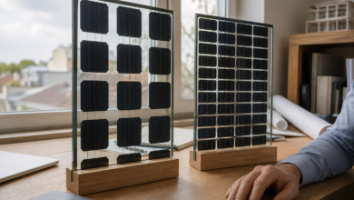 Zwei kleine Muster photovoltaischer Verglasung stehen zur Materialauswahl auf einem Besprechungstisch. [Bildinhalt mit KI erstellt]