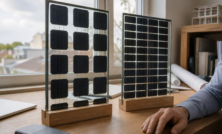 Zwei kleine Muster photovoltaischer Verglasung stehen zur Materialauswahl auf einem Besprechungstisch. [Bildinhalt mit KI erstellt]