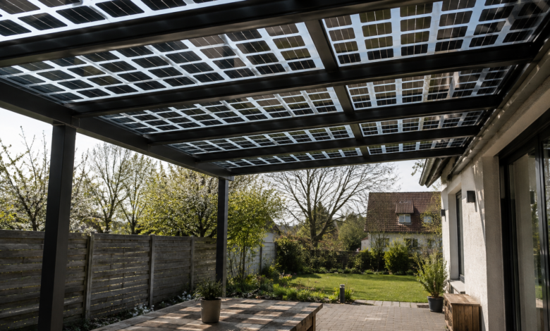Licht fällt durch die klaren Zwischenräume von Solarzellen in einer Terrassenüberdachung. [Bildinhalt mit KI erstellt]